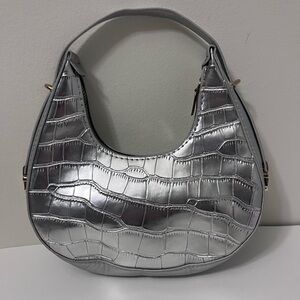 Metallic Silver Croc-Embossed Shoulder mini women’s handBag Gold Zipper Snap